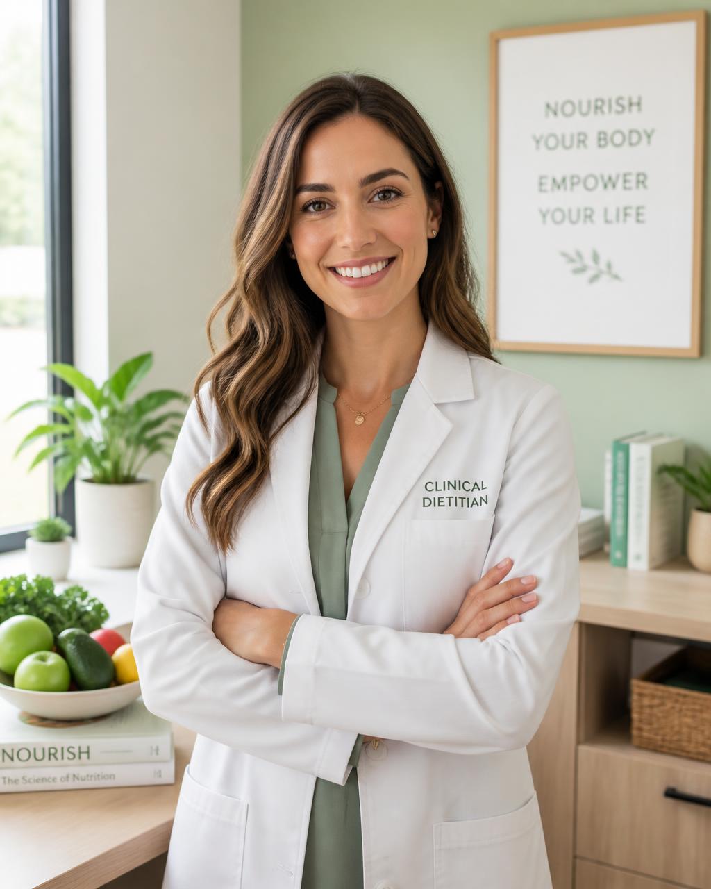 Qaswara Affaf, Registered Dietitian, in a light-filled clinic
